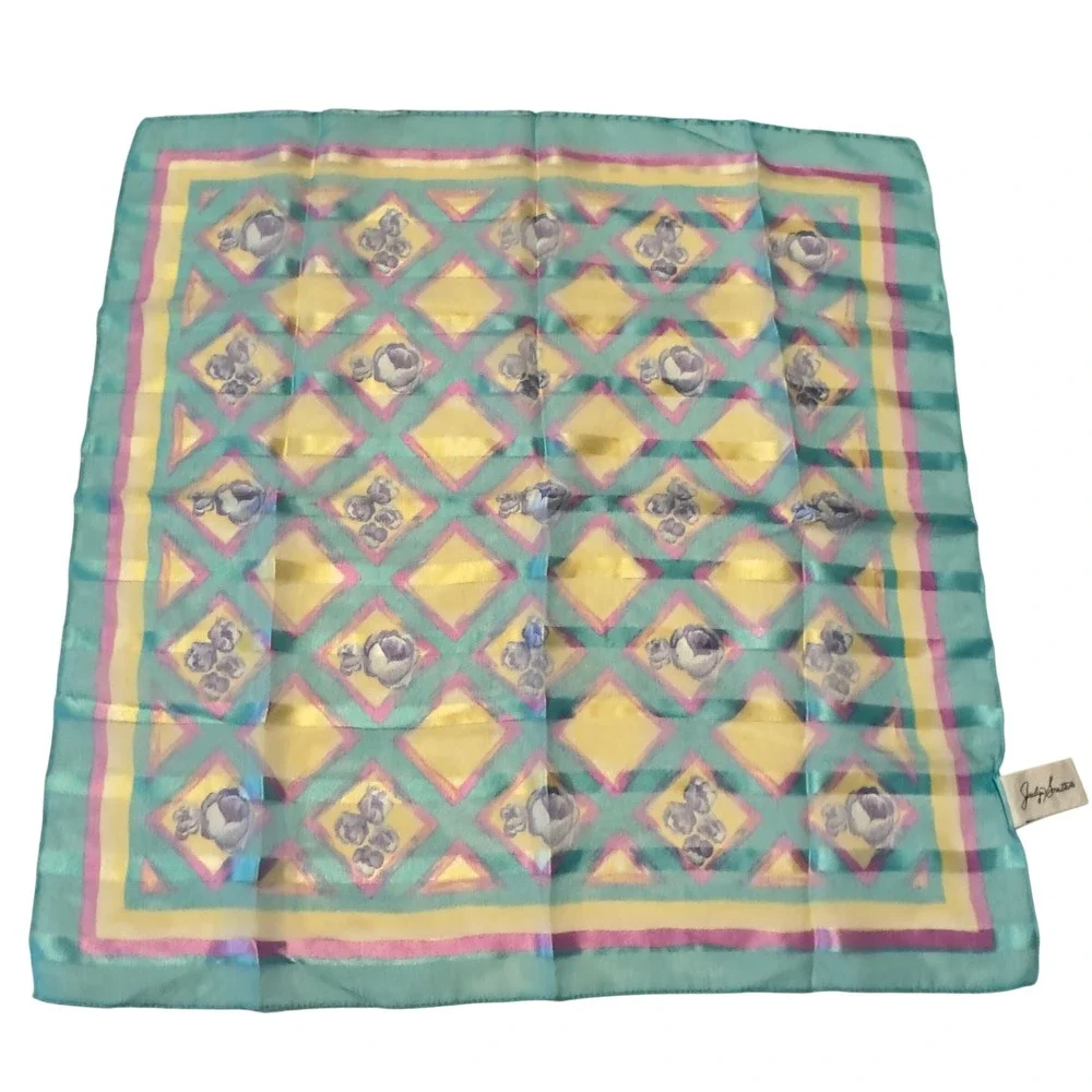 Jaclyn Smith Vintage Made in Italy Turquoise Floral Diamond‎ Square Scarf 90s